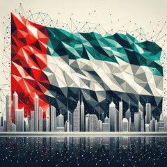 United Arab Emirates national flag in Polyart style, made up of geometric polygons, digital art. Created with generative AI