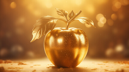 Golden shining apple fruit with leaves on a golden yellow background. Forbidden fruit is the sweetest. - obrazy, fototapety, plakaty