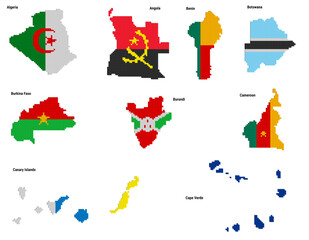Three dimensional dotted vector illustration graphic of small cubes geographical map in flag colors of Algeria, Angola, Benin, Botswana, Burkina Faso, Burundi, Cameroon, Canary Islands, Cape Verde and