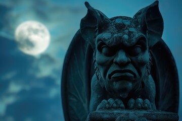 A close-up of a spooky gargoyle statue against a moonlit sky - obrazy, fototapety, plakaty