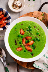 Green pea soup with sausages.style hugge.selective focus
