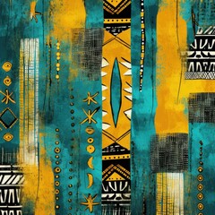 Mustard, teal, and silver seamless African pattern, tribal motifs grunge texture on textile background