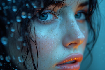  A young woman in the rain with water drops on her face - 720760398