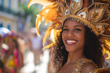 Candid shot of a woman wearing a traditional Brazilian carnival outfit
