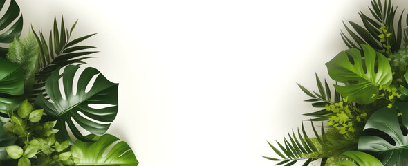 Banner with green tropical leaves on white background - obrazy, fototapety, plakaty