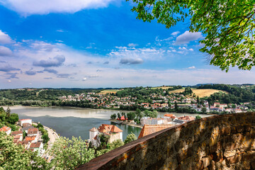 Panoramic view of Passau. Aerial skyline of old town from Veste Oberhaus castle . Confluence of three rivers Danube, Inn, Ilz, Bavaria, Germany.