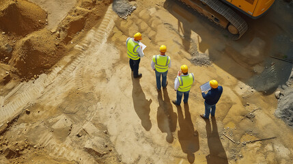 Aerial Drone Shot Of Construction Site With Excavators On Sunny Day: Diverse Team of Real Estate Developers Discussing Project. Civil Engineer, Architect, Inspector Talking And Using Tablet Computer.
