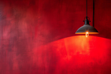 A lamp hangs against a red wall, casting its light and illuminating the area, with space available for text or presentation.
