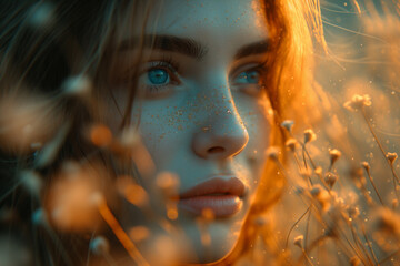 close up portrait of a young girl with freckles at sunset - 720761741