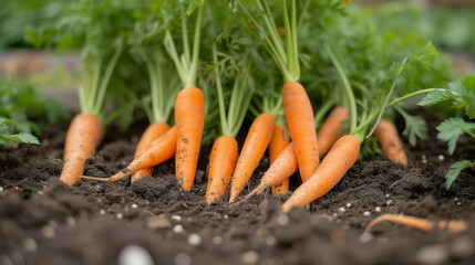 Close-up photograph of carrots in the ground