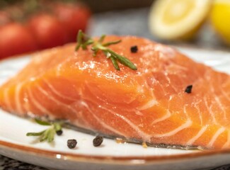Salmon fillet, ingredient closeup. Homemade Japanese recipe.