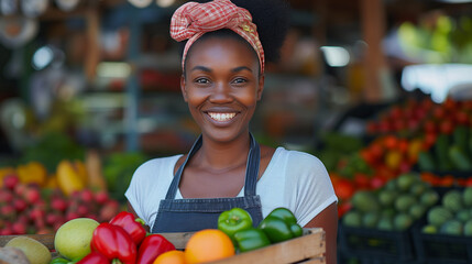 Portrait of a Black Female Working at a Farmers Market Stall with Fresh Organic Agricultural Products. African Businesswoman Holding a Crate with Fruits and Vegetables, Looking at Camera and Smiling