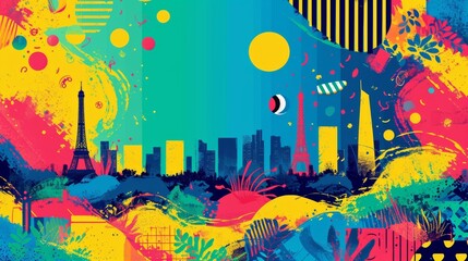 Abstract urban landscape with a playful mix of colors and shapes, evoking a city's dynamic atmosphere.