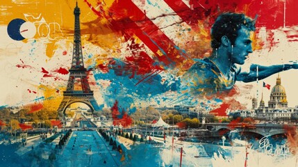 Paris scene with an athlete in motion, Olympic rings and Eiffel Tower, evoking the spirit of international sports.