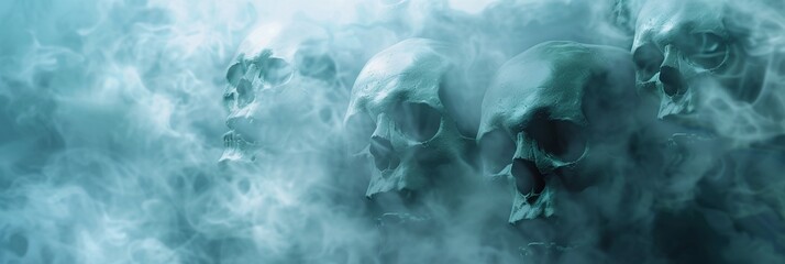 Banner with ghost skulls. Illustration horror background with a mist like ghost skulls