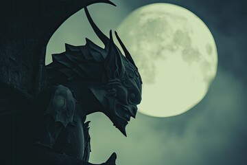 A close-up of a spooky gargoyle statue against a moonlit sky