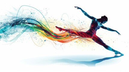 Fototapeta premium Vibrant illustration of a dancer with colorful trails, blending art and motion, representing the fusion of dance and creativity.