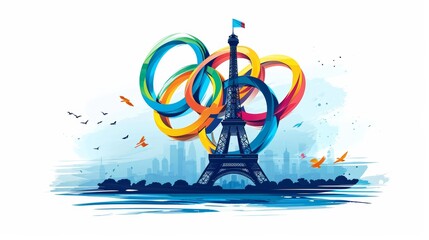 A creative interpretation of the Olympic rings with the Eiffel Tower, representing the spirit of the Summer Olympic Games. - obrazy, fototapety, plakaty