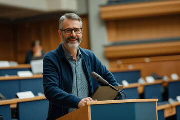 Obraz premium A male university professor in a lecture hall, standing at the lectern and engaging with the camera, 