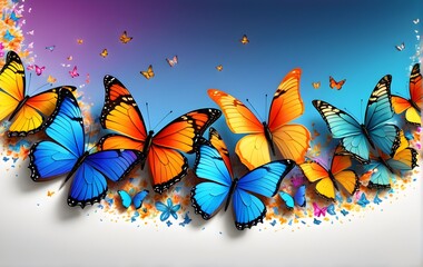 Fototapeta na wymiar Colorful butterflies on white and blue background with a place for a text. Template, banner, wallpaper, poster, background, greeting card