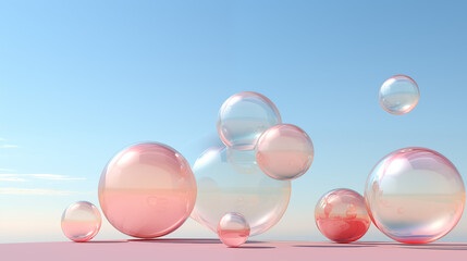 Whimsical 3D Render of Reflective Spheres in Blue Skies - obrazy, fototapety, plakaty