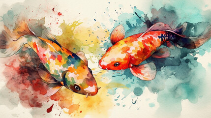 Watercolor Illustration of Two Colorful Koi Fishes Swimming in Water, Generative AI