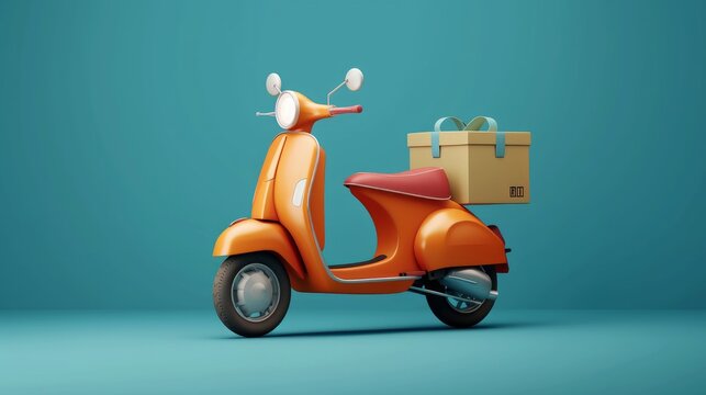 3d Vector Scooter with Box, Delivery Courier service, Time to shopping concept