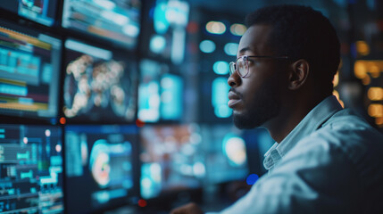 Portrait of a Black Man Working on Computer, Typing Lines of Code that Appear on Big Screens Surrounding him in Monitoring Room. Male Programmer Creating Innovative Software Using AI Data and System - 720764984