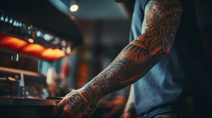 Barista's Tattooed Arms in Coffee Shop Ambiance - obrazy, fototapety, plakaty