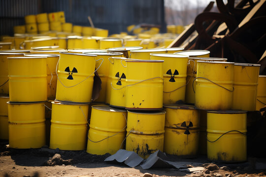 Pile of yellow industrial barrels with biohazard symbols, indicating dangerous contents, stored in an outdoor waste facility