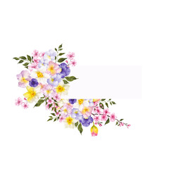 Watercolor hand draw frame with first spring flowers and leaves. Tulips, lilac, snowdrop, sakura, crocuses, pansies isolated on transparent background, PNG files.