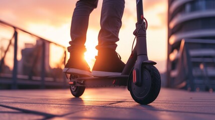 Close up of man riding black electric kick scooter at cityscape at sunset - Powered by Adobe