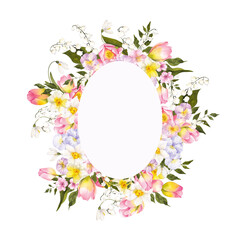 Watercolor hand draw frame with first spring flowers and leaves. Tulips, lilac, snowdrop, sakura, crocuses, pansies isolated on transparent background, PNG files.