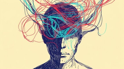 complicated abstract mind illustration. empty head with messy line inside. tangled scribble doodle vector path design - obrazy, fototapety, plakaty