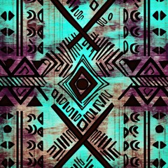 Orchid, chocolate, and aqua seamless African pattern, tribal motifs grunge texture on textile