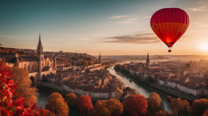 Obraz premium colorful hot air balloon flying over a medieval city with towers and churches at sunset - ai generative image