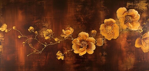 A rich mahogany wall becomes a canvas for abstract flowers in shades of amber and gold, creating a warm and inviting visual tapestry.