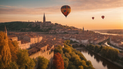 colorful hot air balloon flying over a medieval city with towers and churches at sunset - ai generative image