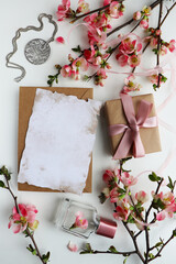 mockup greeting card. spring composition. flowering branch of azalea and space for text. congratulation. invitation	