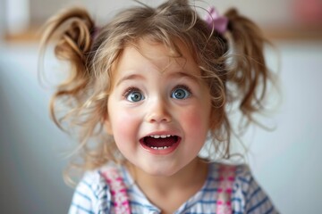 Portrait of cute surprised little girl with wide open eyes and mouth, with curly hair on white background - Powered by Adobe