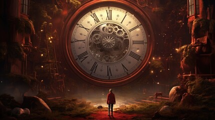 A tiny man stands near a red, magical, mysterious large clock. past and future. concept of wasting time.