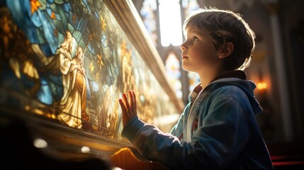 Fototapeta na wymiar baby's first communion in church. a child prays near a stained glass window. faith Hope. kid folded his hands in prayer