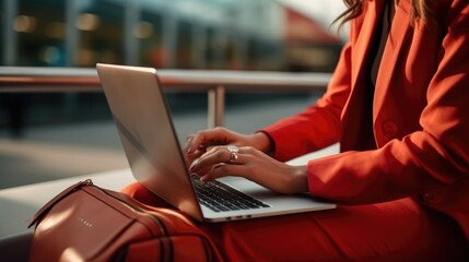 a woman in a red suit is typing on a laptop at the airport. businessman in the terminal with luggage. work online