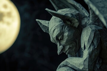 A close-up of a spooky gargoyle statue against a moonlit sky
