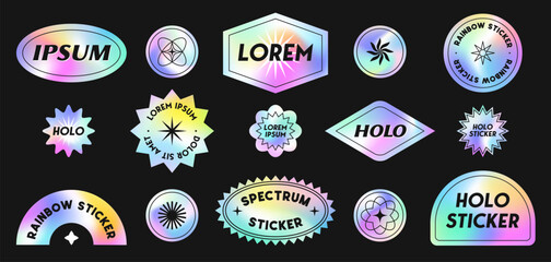 Vector set of holographic stickers and patches.Modern iridescent labels with copy space for text.Trendy cosmic emblems for banners,social media marketing,branding,packaging,offers © Xenia Artwork 