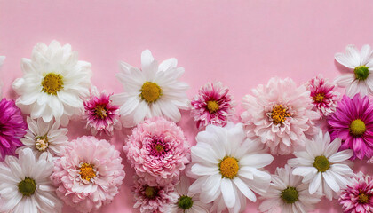 Colorful daisies, pink, white daisies on pink background, floral background