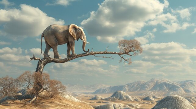 Elephant stands on thin branch of withered tree in surreal landscape. This is a 3d render illustration