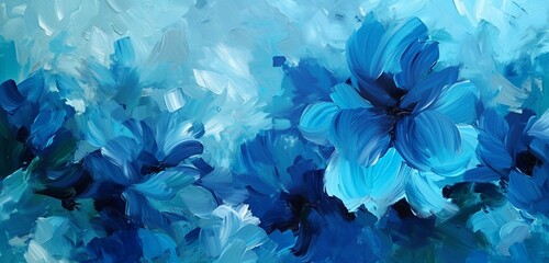 Cobalt blue becomes a vibrant canvas for abstract florals in shades of turquoise and teal, forming a dynamic and visually captivating composition. - obrazy, fototapety, plakaty