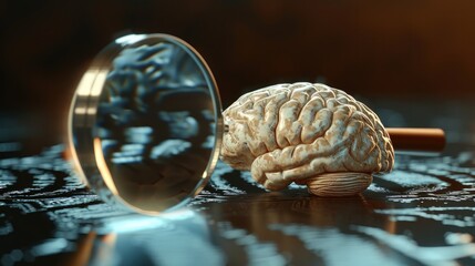Fingerprint on brain, magnify glass. 3D rendering - obrazy, fototapety, plakaty