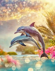 dolphin jumping in the sunset - obrazy, fototapety, plakaty